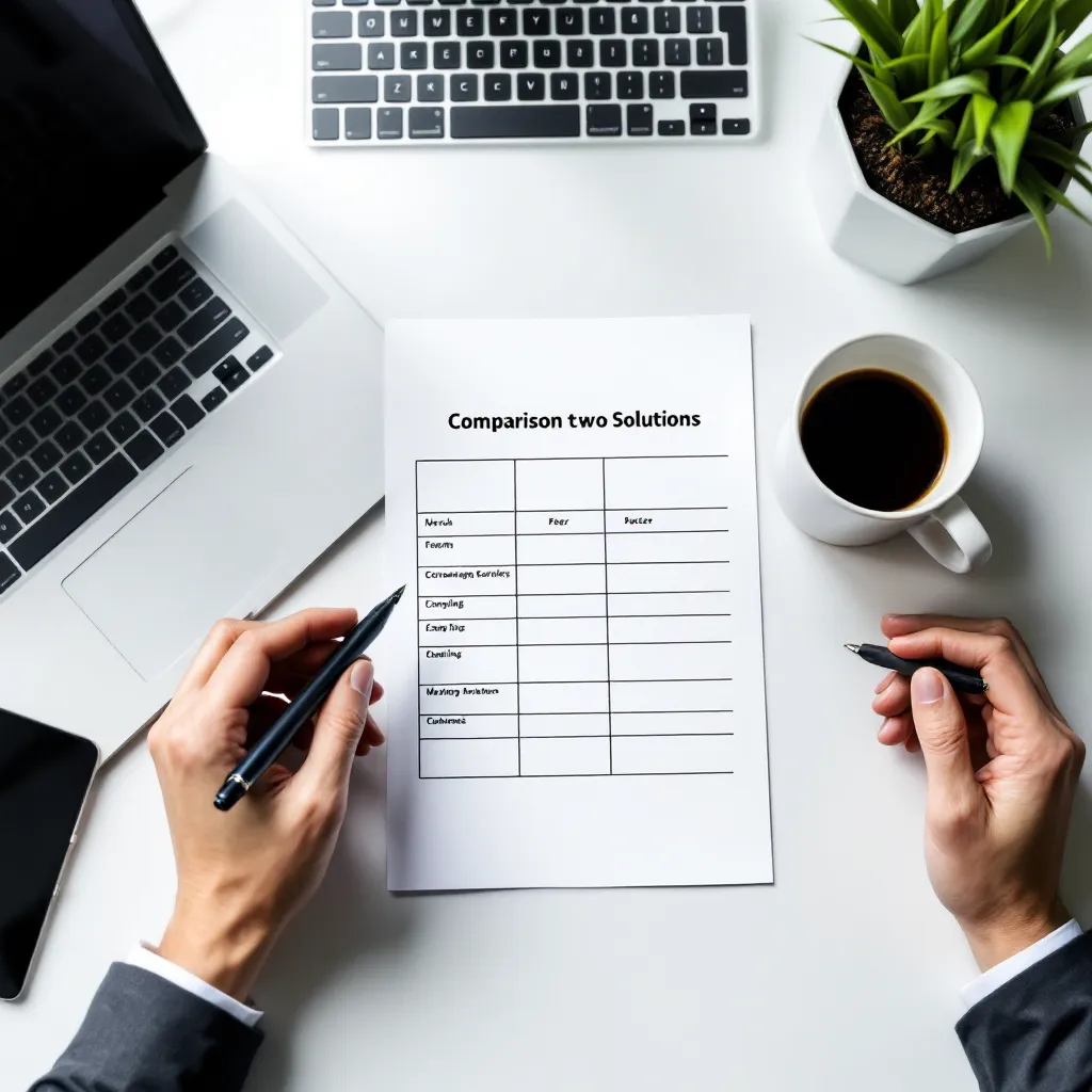 Espace de travail avec un laptop et un comparatif imprimé sur le bureau